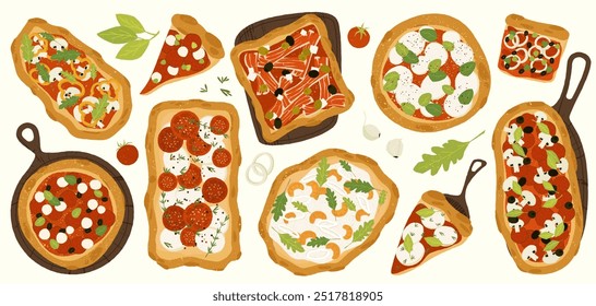 Pizza italiana. Rebanada de pizza de queso con salsa de albahaca y tomate, comida tradicional italiana, estilo de dibujos animados planos. Conjunto aislado de Vector.