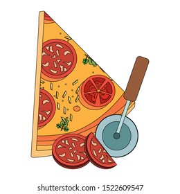 italian pizza slice and cutter icon over white background, vector illustration