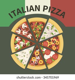 Italian pizza. Pizza slices with different fillings.Vector illustration