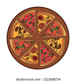 italian pizza slices on a pizza paddle over white background, vector illustration