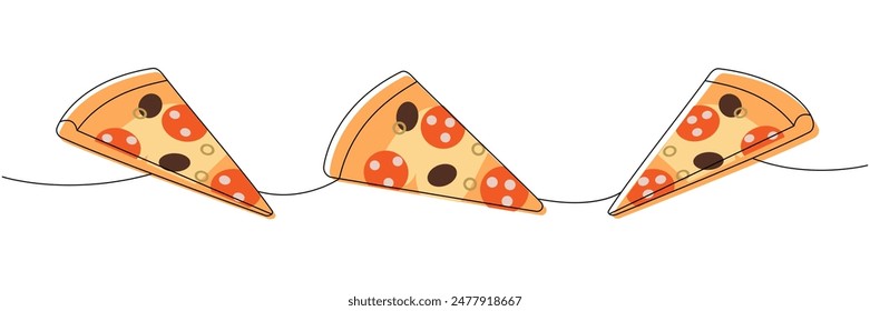 Italian pizza slices one line colored continuous drawing. Traditional italian fast food continuous one line illustration.