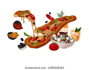 Italian pizza with tomato, mushrooms, olives, cheese. Vegetarian fast food, veggie eating. Vegetable salad with mozzarella on dish. Flying meal. Lunch flat isolated vector illustration on white.