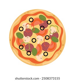 Pizza italiana con tomate, aceitunas, salami, albahaca, champiñones y queso. Vista superior. Ilustración vectorial en estilo plano.