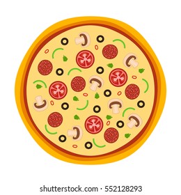 Italian pizza with tomato, sausage, olive and mushrooms. Isolated On White. Vector illustration