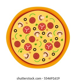 Italian pizza with tomato, sausage, olive and mushrooms. Isolated On White. Vector illustration