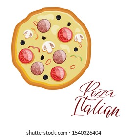 Italian pizza with tomato, sausage, pepperoni and mushrooms. top view. Vector illustration.