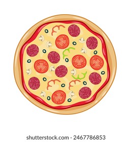 Italian pizza with tomato, sausage, pepperoni and mushrooms. top view. Vector illustration in flat style