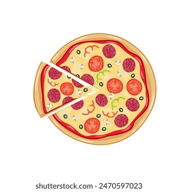 Italian pizza with tomato, sausage, pepperoni and mushrooms. top view. pizza with slice. Vector illustration in flat style