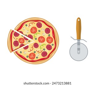 Italian pizza with tomato, sausage, pepperoni and mushrooms. top view. pizza with slice. Pizza cutter. Vector illustration in flat style