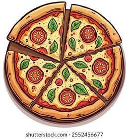 Italian pizza with tomato, sausage, pepperoni and mushrooms. top view. pizza with slice. Vector illustration in flat style