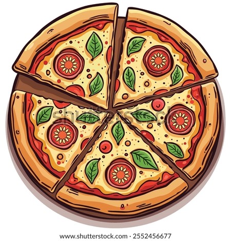 Italian pizza with tomato, sausage, pepperoni and mushrooms. top view. pizza with slice. Vector illustration in flat style