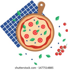 Italian pizza with tomatoes illustration in flatstyle. Vector food illustration isolated on white background. Fast food picture for website. Flat style.