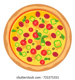 Italian pizza with tomatoes, mozzarella, basil. Vector illustration pizza isolated on white background.