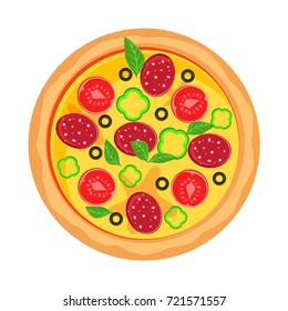 Italian pizza with tomatoes, mozzarella, basil. Vector illustration pizza isolated on white background.