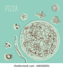 Italian pizza top ,italian food menu design. Vintage hand drawn sketch vector illustration. 