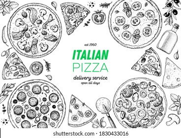 Italian Pizza. Top view. Design template. Pizza sketch. Hand drawn illustration. Different pizza. Packaging or menu. Black and white