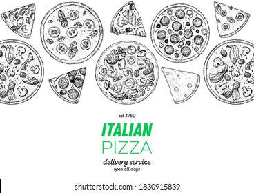 Italian Pizza. Top view. Design template. Pizza sketch. Hand drawn illustration. Different pizza. Packaging or menu. Black and white