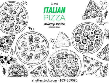 Italian Pizza. Top view. Design template. Pizza sketch. Hand drawn illustration. Different pizza. Packaging or menu. Black and white