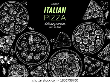 Italian Pizza. Top view. Design template. Pizza sketch. Hand drawn illustration. Different pizza. Packaging or menu. Black and white