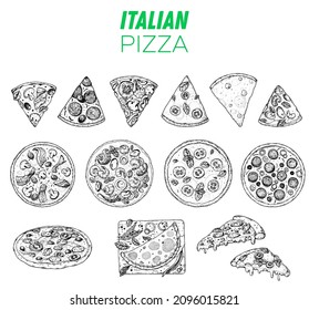 Italian Pizza. Top view. Design template. Pizza sketch. Hand drawn vector illustration. Different pizza. Packaging or menu. Black and white