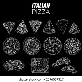 Italian Pizza. Top view. Design template. Pizza sketch. Hand drawn vector illustration. Different pizza. Packaging or menu. Black and white