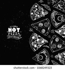 Italian pizza top view . Italian food menu design template. Vintage hand drawn sketch, vector illustration. Engraved style illustration. Pizza slices for packaging.