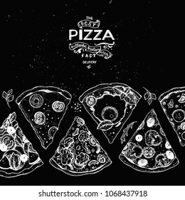 Italian pizza top view . Italian food menu design template. Vintage hand drawn sketch, vector illustration. Engraved style illustration. Pizza slices for packaging.