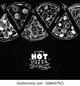 Italian pizza top view . Italian food menu design template. Vintage hand drawn sketch, vector illustration. Engraved style illustration. Pizza slices for packaging.