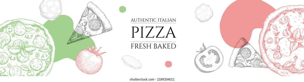 Italian pizza top view frame design template. Classic Italian food, pizzeria menu in sketch hand drawn style. Vintage vector illustration. Engraved image.