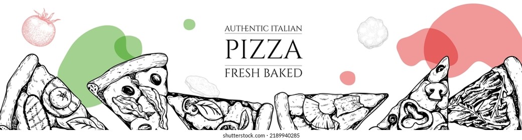 Italian pizza top view frame design template. Classic Italian food, pizzeria menu in sketch hand drawn style. Vintage vector illustration. Engraved image.