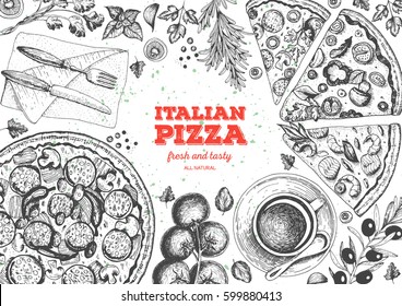 Italian pizza top view frame. Italian food menu design template. Vintage hand drawn sketch vector illustration.  Engraved style