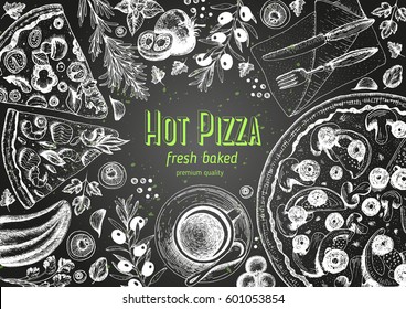 Italian pizza top view frame. Italian food menu design template. Vintage hand drawn sketch vector illustration.  Engraved style