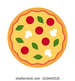 Italian pizza topped with mushrooms, pepperoni and basil. Vector illustration 