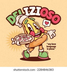 Italian Pizza Trendy Retro Cartoon Vector Hand Drawn 