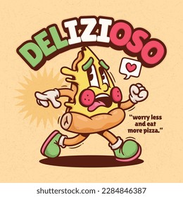 Italian Pizza Trendy Retro Cartoon Vector Hand Drawn 