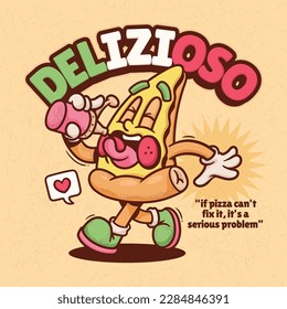 Italian Pizza Trendy Retro Cartoon Vector Hand Drawn 