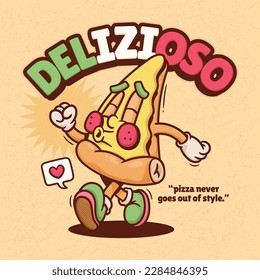 Italian Pizza Trendy Retro Cartoon Vector Hand Drawn 