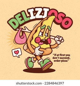 Italian Pizza Trendy Retro Cartoon Vector Hand Drawn 