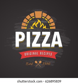 Italian Pizza Vector Emblem. Pizzeria logo template. Pizza vector typography. Vector emblem for cafe, restaurant or food delivery service.