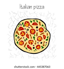 Italian pizza vector hand drawn illustration, traditional food
