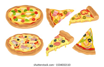 Italian Pizza Vector Illustrated Set. Colorful Restaurant Tasty Isolated Nutrition