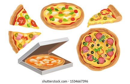 Italian Pizza Vector Illustrated Set. Colorful Restaurant Tasty Isolated Nutrition.