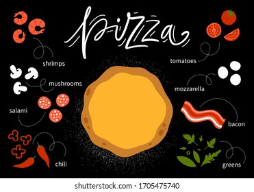 Italian Pizza vector illustration. Create your own pizza. Pizza base and ingredients. Flat design.