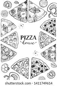 Italian pizza vector illustration.  Italian food. Hand drawn sketch pizza. Package design. Pizza slices illustration. Can used for packaging design 