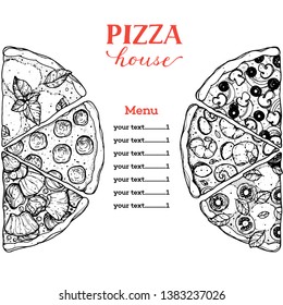 Italian pizza vector illustration. Hand drawn sketch pizza. Italian food. Package design. Pizza slices in a circle.