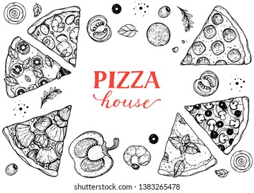 Italian pizza vector illustration. Hand drawn sketch pizza. Italian food. Package design. Pizza slices illustration.