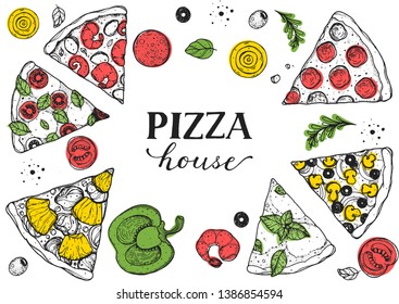 Italian pizza vector illustration. Hand drawn sketch pizza. Italian food. Package design. Pizza slices illustration. Can used for packaging design.