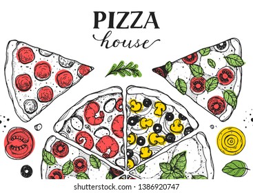 Italian pizza vector illustration. Hand drawn sketch pizza. Italian food. Package design. Pizza slices illustration. Can used for packaging design.