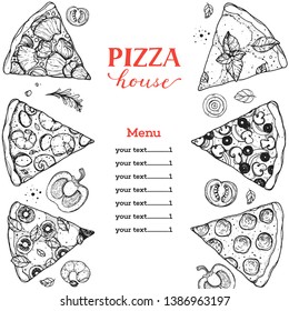 Italian pizza vector illustration. Hand drawn sketch pizza. Italian food. Package design. Pizza slices illustration. Can used for menu or packaging design.