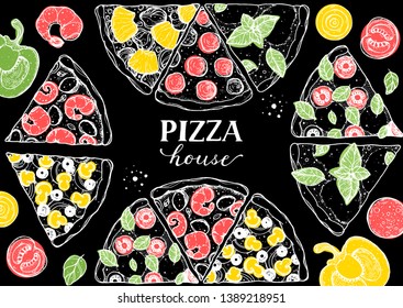 Italian pizza vector illustration. Hand drawn sketch pizza. Italian food. Package design. Pizza slices illustration. Can used for packaging design.